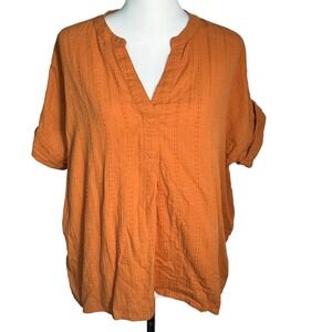 MADEWELL Women's Medium Orange Lakeline Popover Shirt Clip-Stripe Texture V-Neck